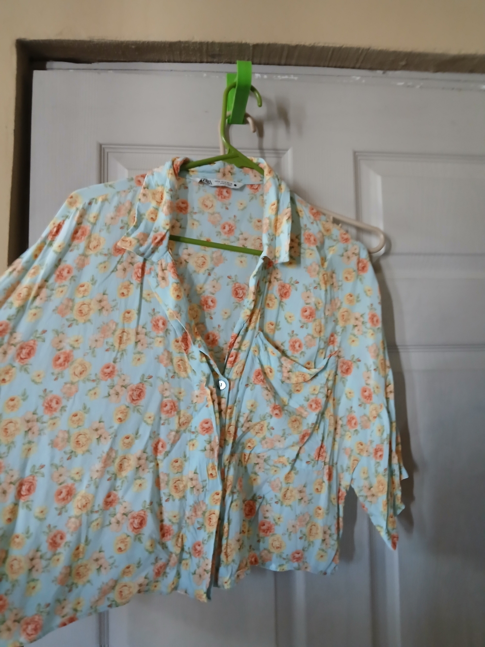 Zara Floral Button-Down Shirt - Light Blue with Peach Roses